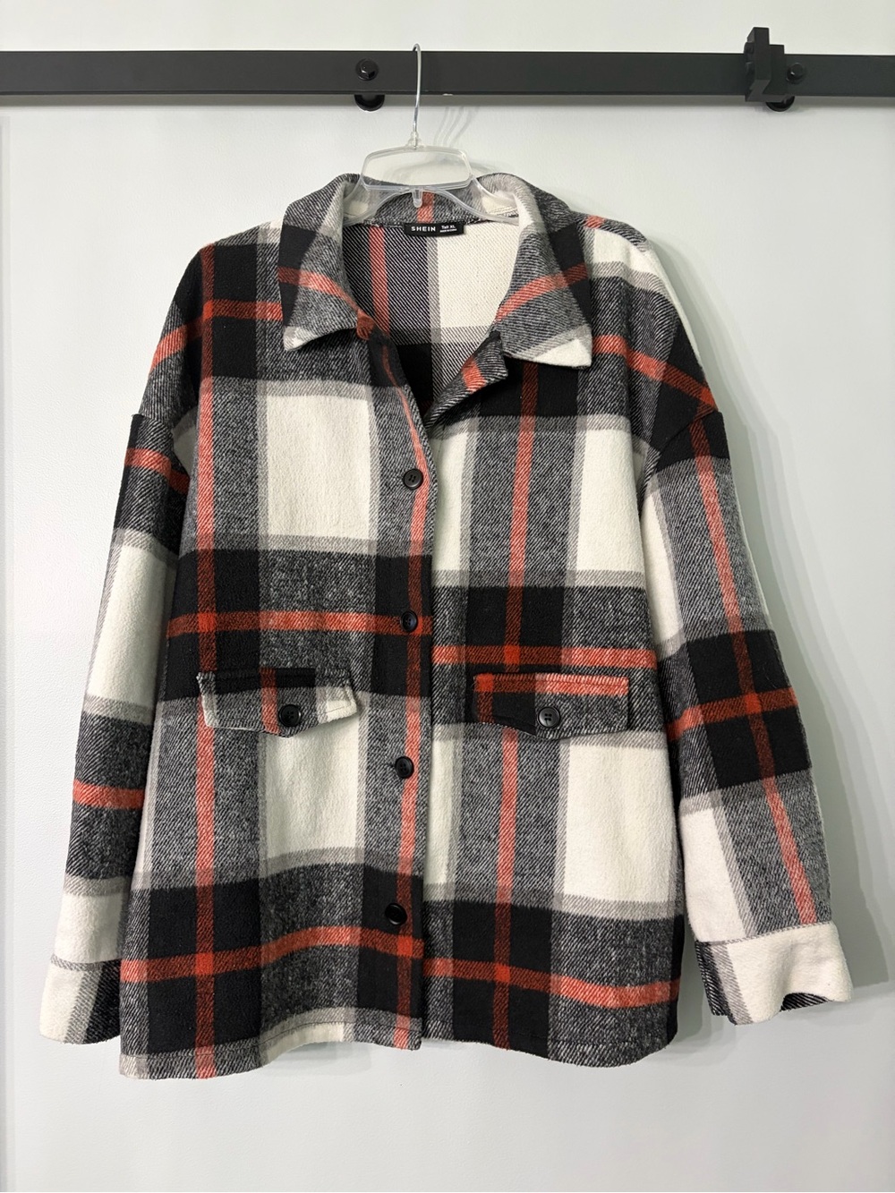 SHEIN White Black & Rust Plaid Button-Front Shacket